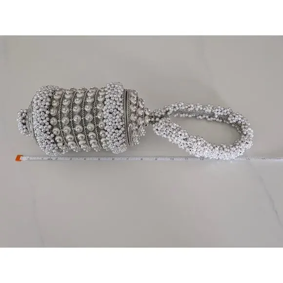Ramla Cocktail Pearl Handmade Beaded Bag Silver Evening Clutch Purse Handbag - Picture 9 of 9